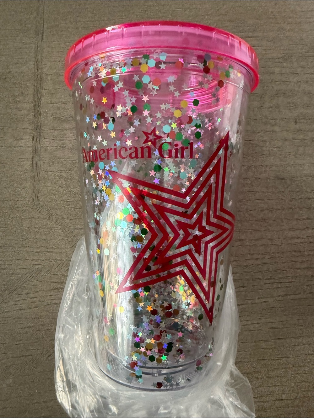 American Girl Pink Lid Glitter Star Tumbler